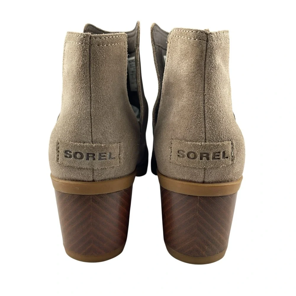 Sorel Women's Cate Ankle Booties 9.5 Taupe Suede Block Heel Cut-Out Boots Boho